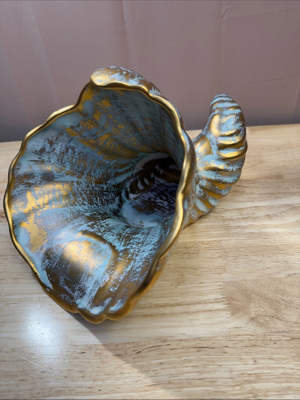 Vintage Stangl Pottery Cornucopia Vase Antique Gold Turquoise MCM Horn of Plenty